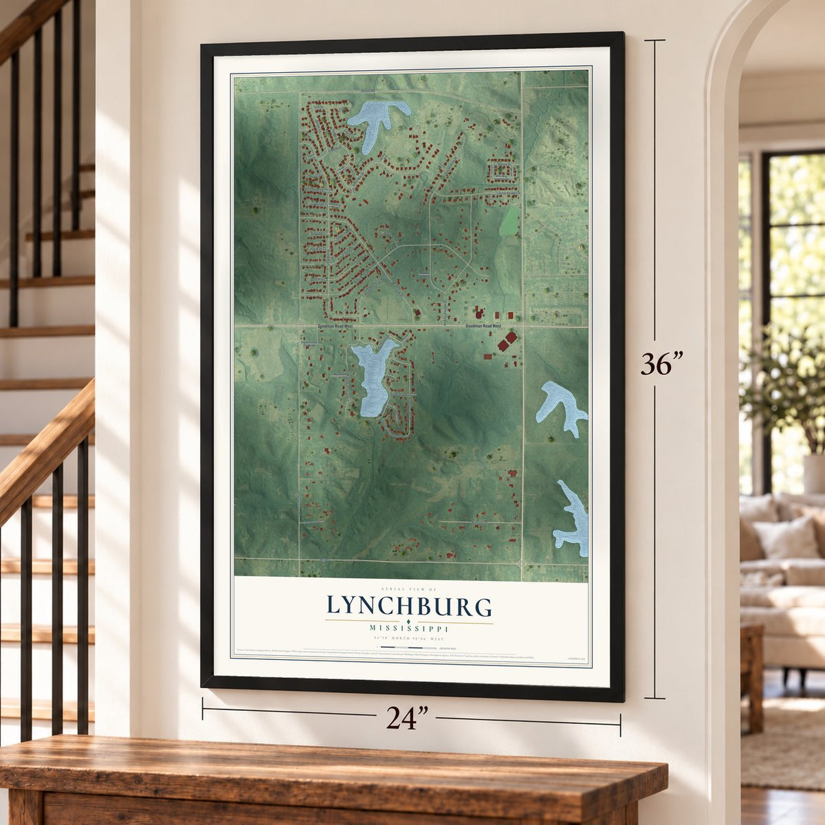 Lynchburg, Mississippi map, 24 x 36 inch print in a black frame by a staircase