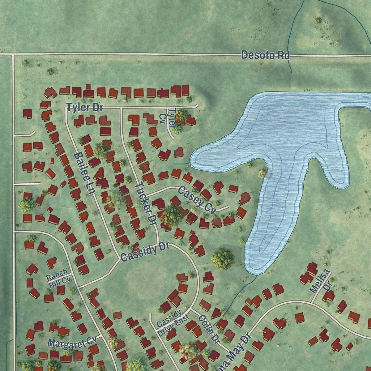 Close-up of the map of Lynchburg, Mississippi print showing street and building detail