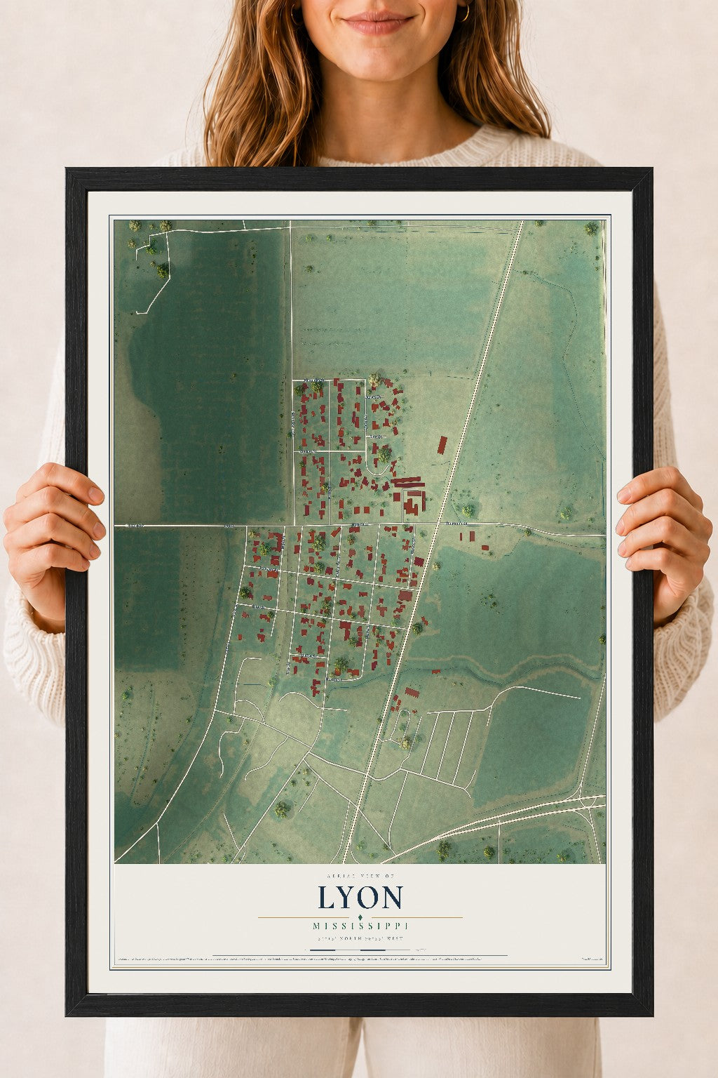 Map of Lyon, Mississippi, 18 x 24 inch print in a black wood frame