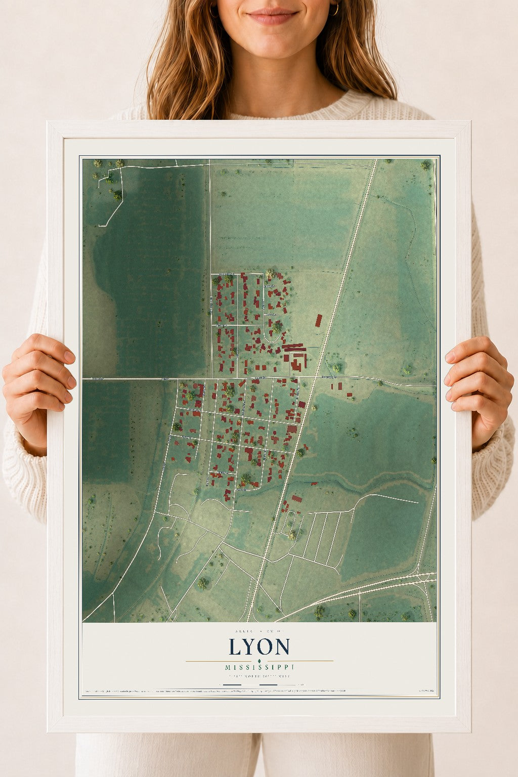 Map of Lyon, Mississippi, 18 x 24 inch print in a white wood frame