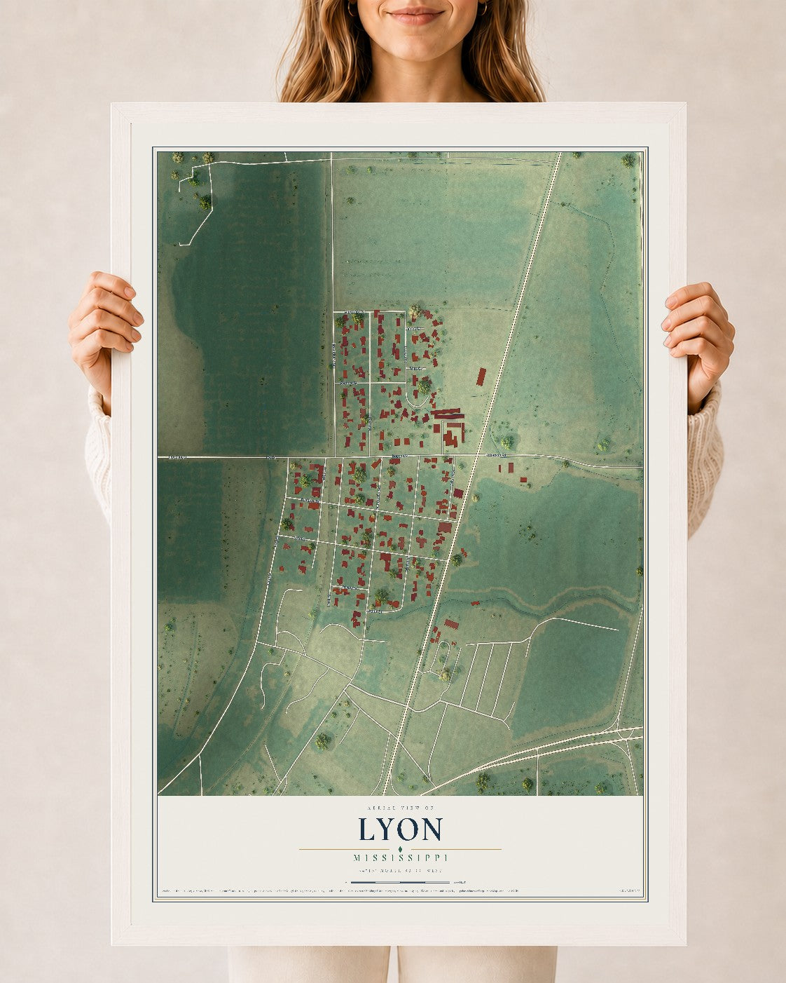 Map of Lyon, Mississippi, 24 x 36 inch print in a white wood frame