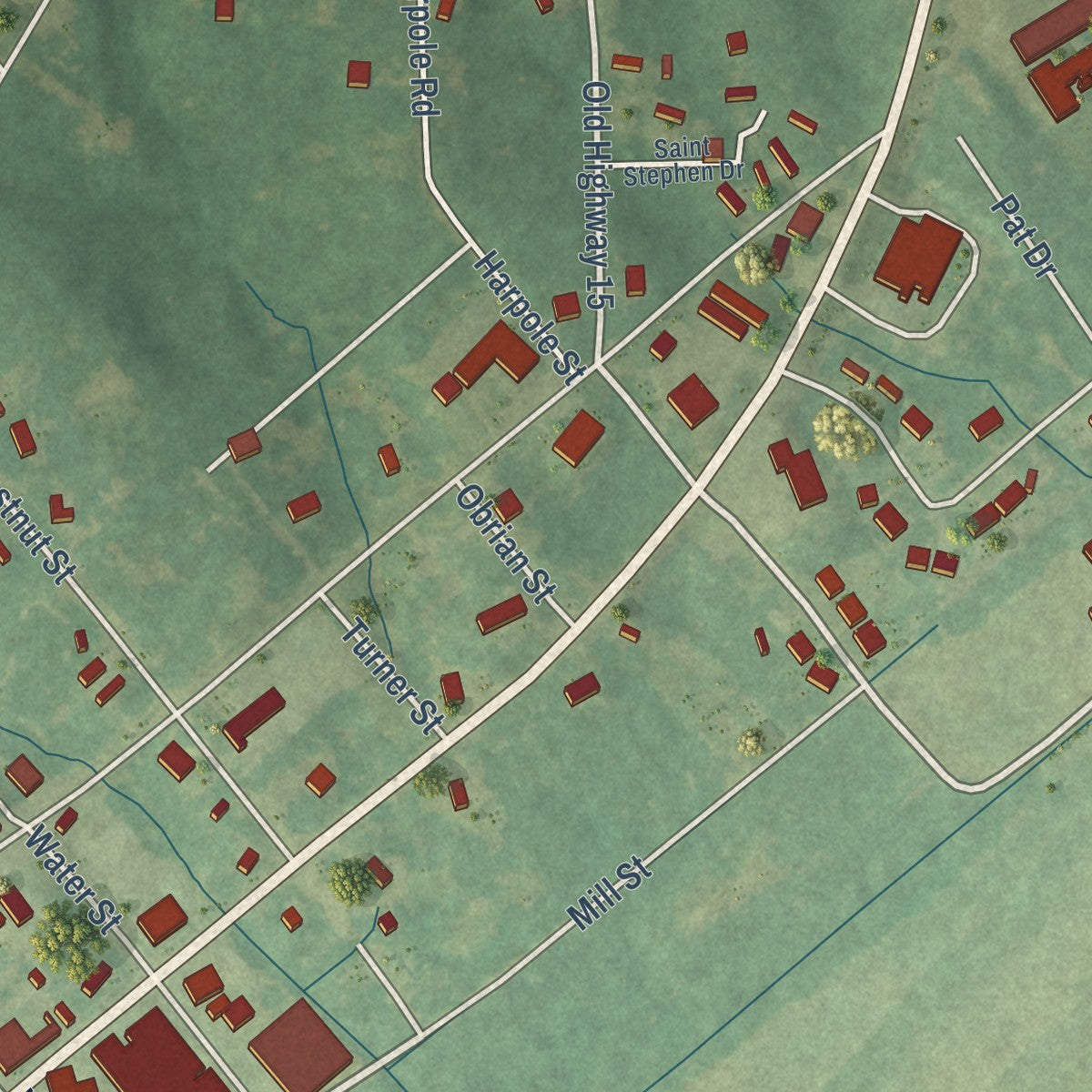 Close-up of the map of Maben, Mississippi print showing street and building detail