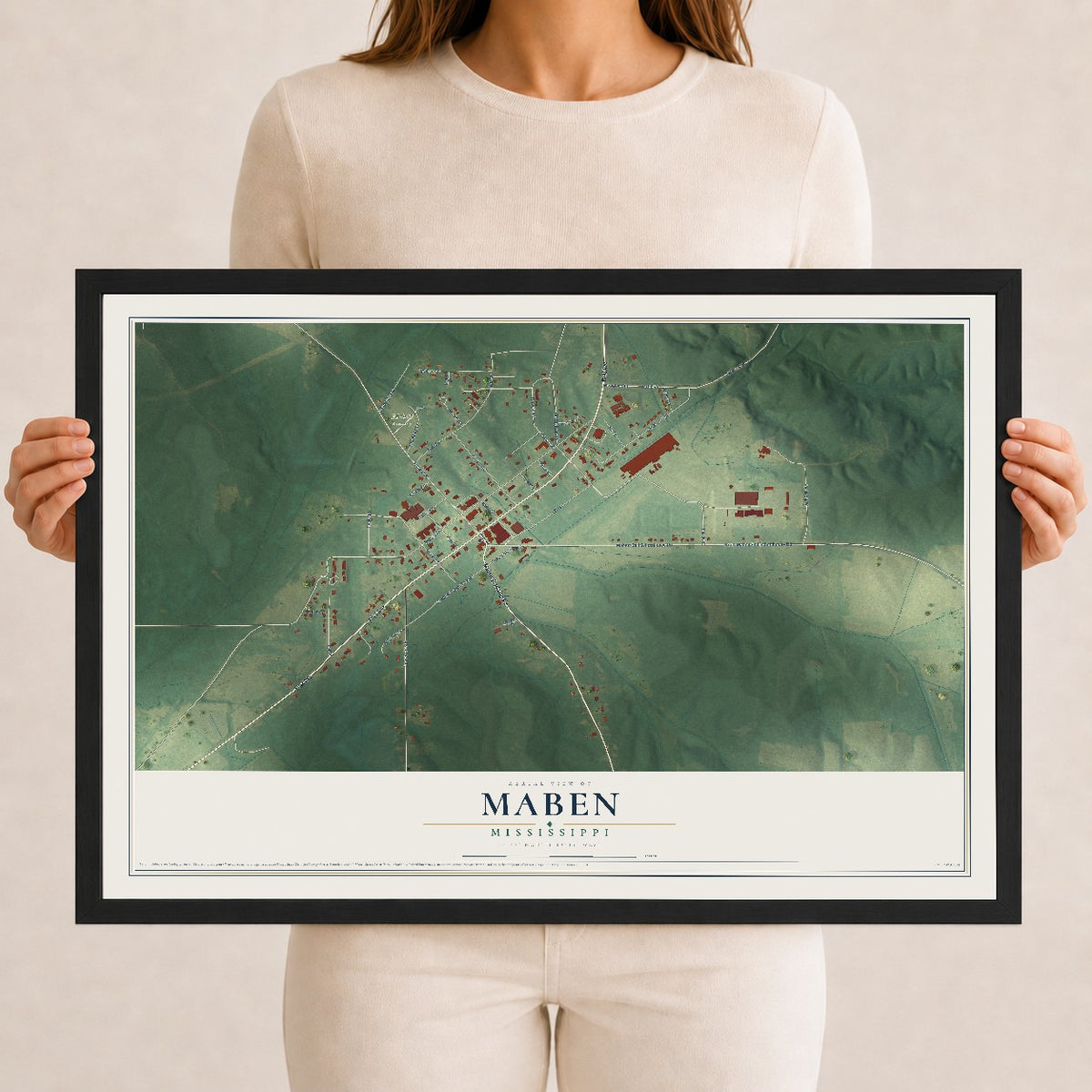 Map of Maben, Mississippi, 12 x 18 inch print in a black wood frame