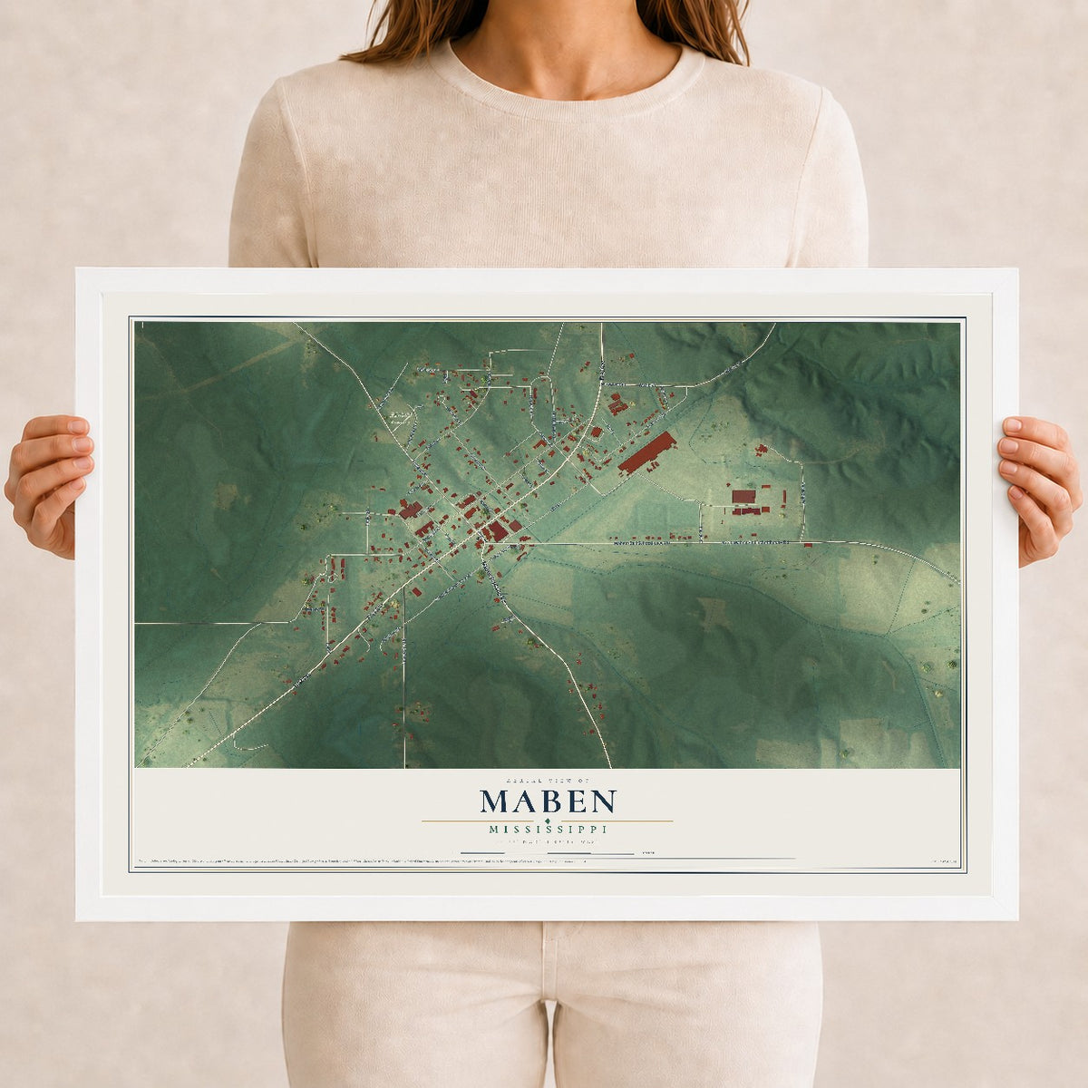 Map of Maben, Mississippi, 12 x 18 inch print in a white wood frame