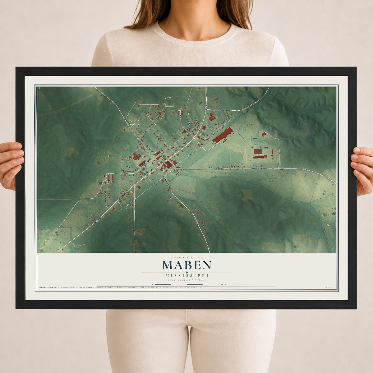 Map of Maben, Mississippi, 18 x 24 inch print in a black wood frame