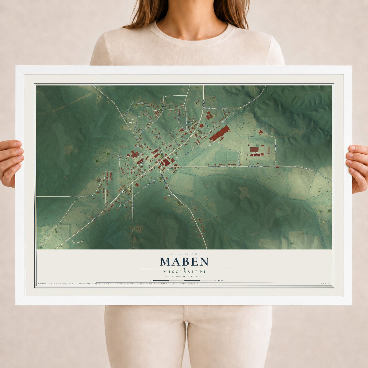 Map of Maben, Mississippi, 18 x 24 inch print in a white wood frame