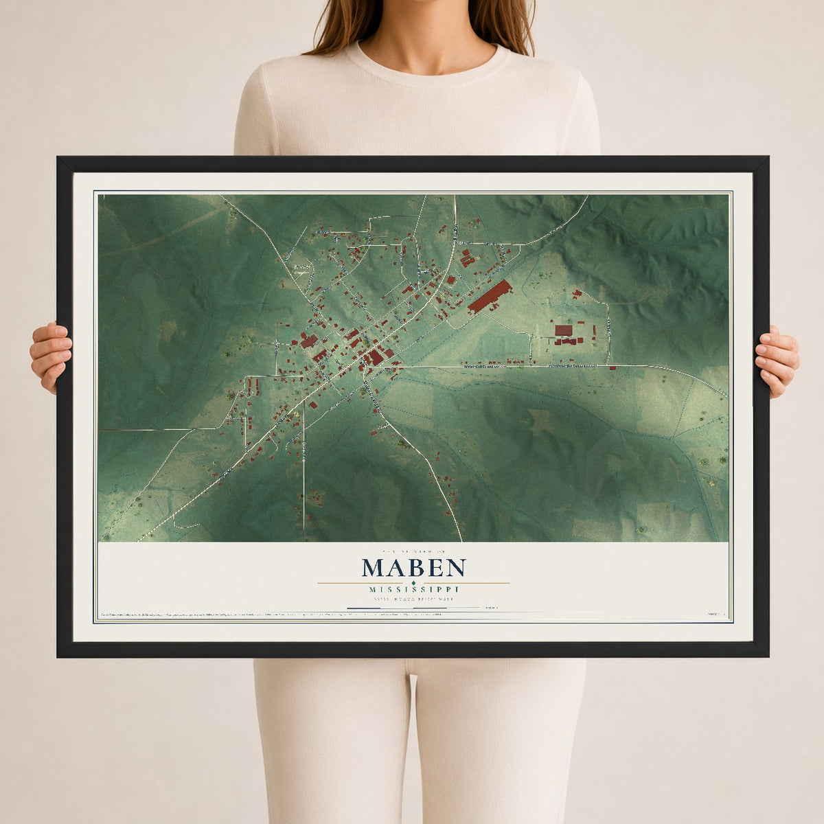 Map of Maben, Mississippi, 24 x 36 inch print in a black wood frame