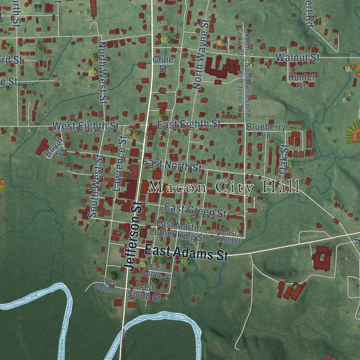 Close-up of the map of Macon, Mississippi print showing street and building detail