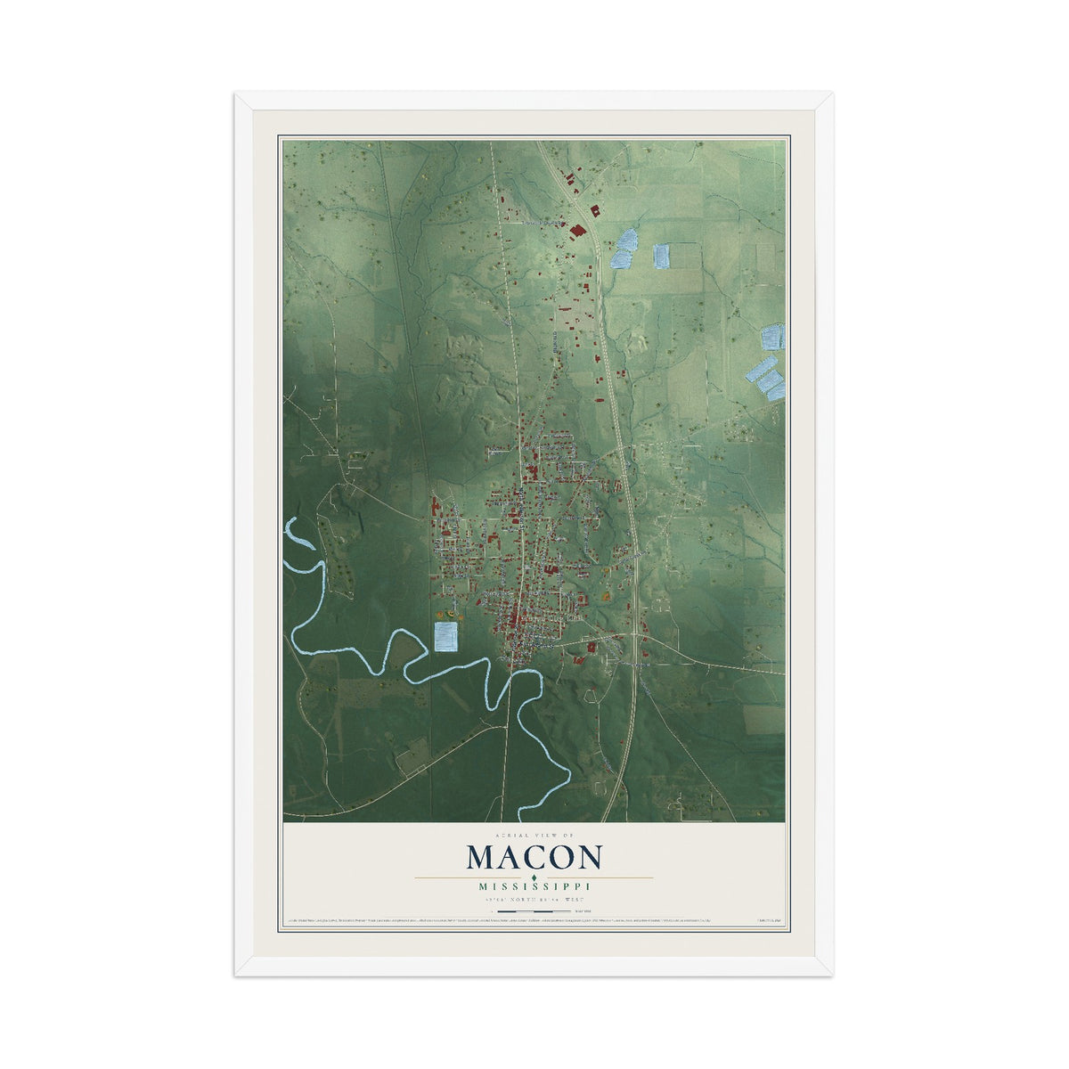 Map of Macon, Mississippi, 12 x 18 inch print in a white wood frame
