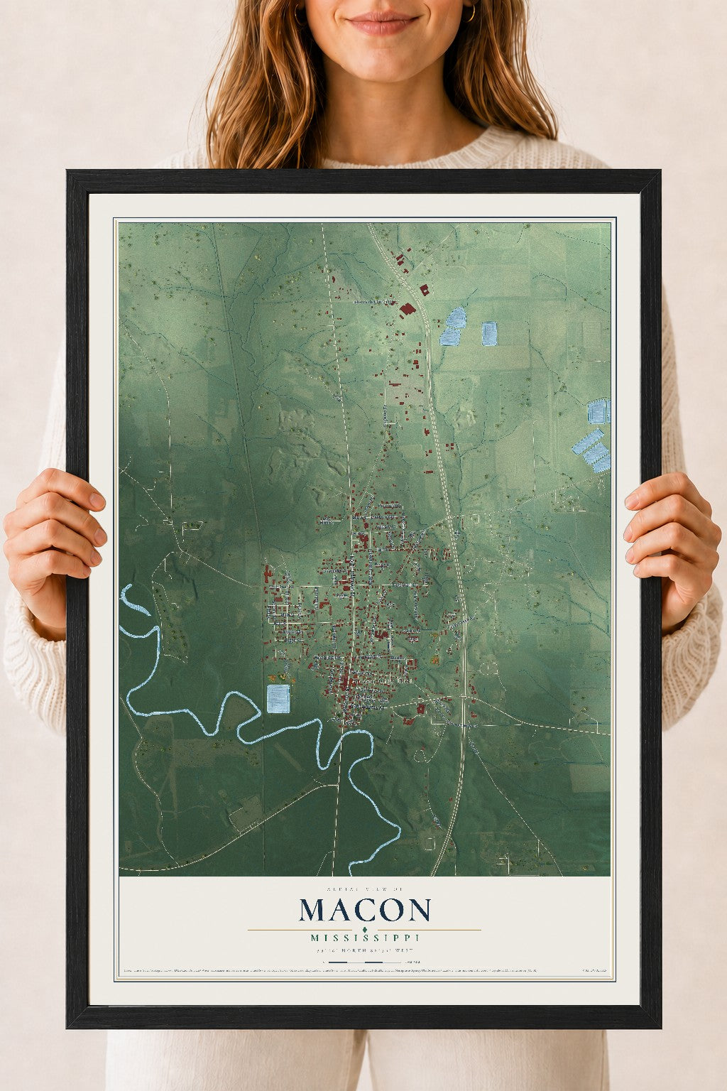 Map of Macon, Mississippi, 18 x 24 inch print in a black wood frame