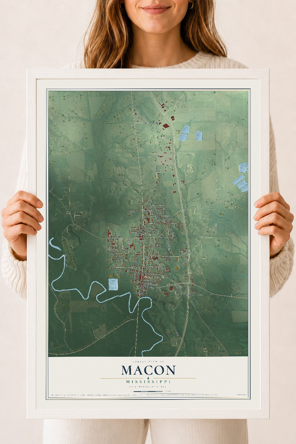 Map of Macon, Mississippi, 18 x 24 inch print in a white wood frame