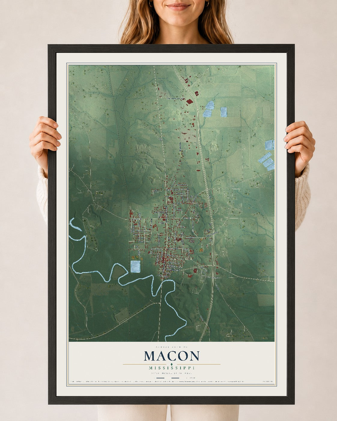 Map of Macon, Mississippi, 24 x 36 inch print in a black wood frame