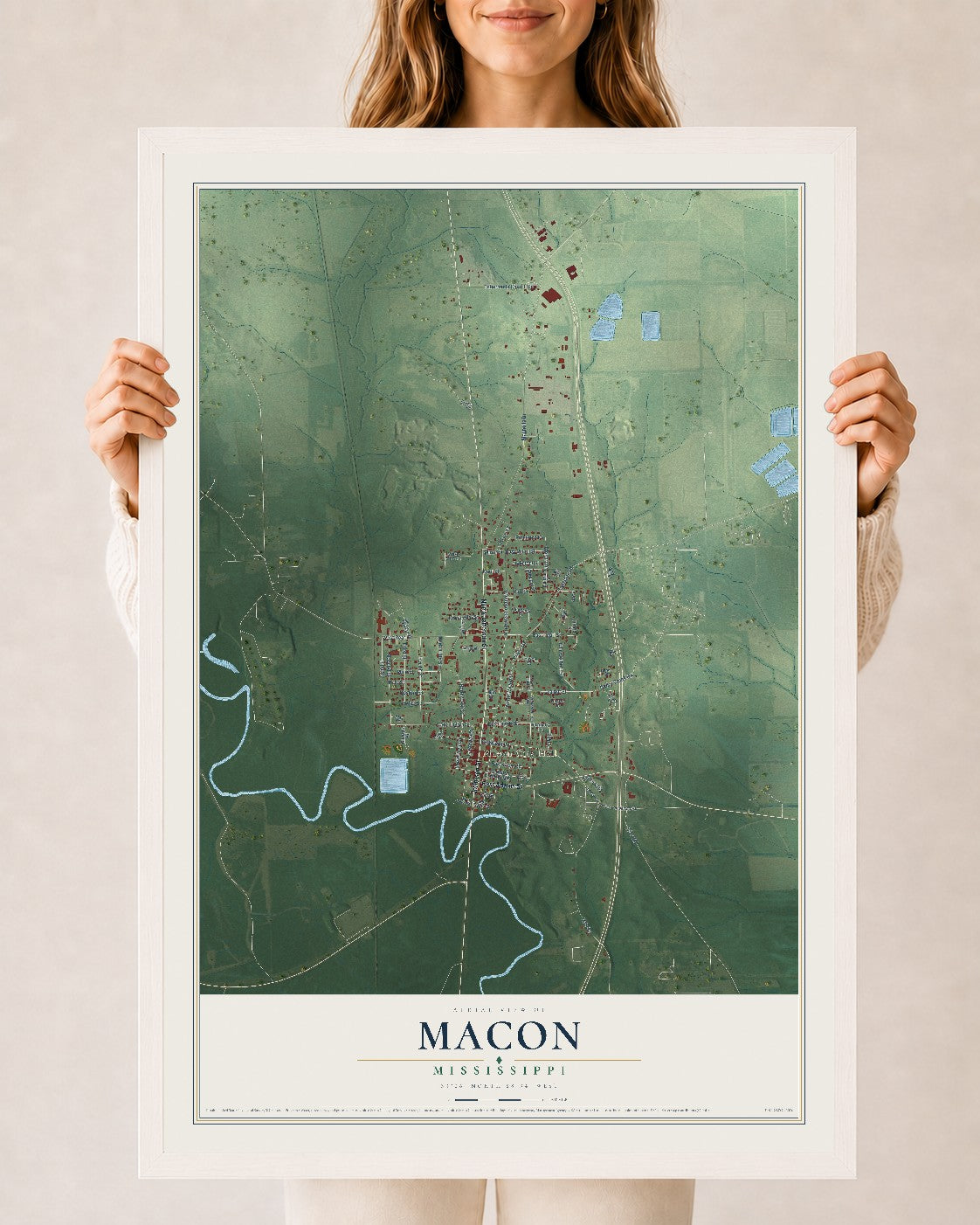 Map of Macon, Mississippi, 24 x 36 inch print in a white wood frame