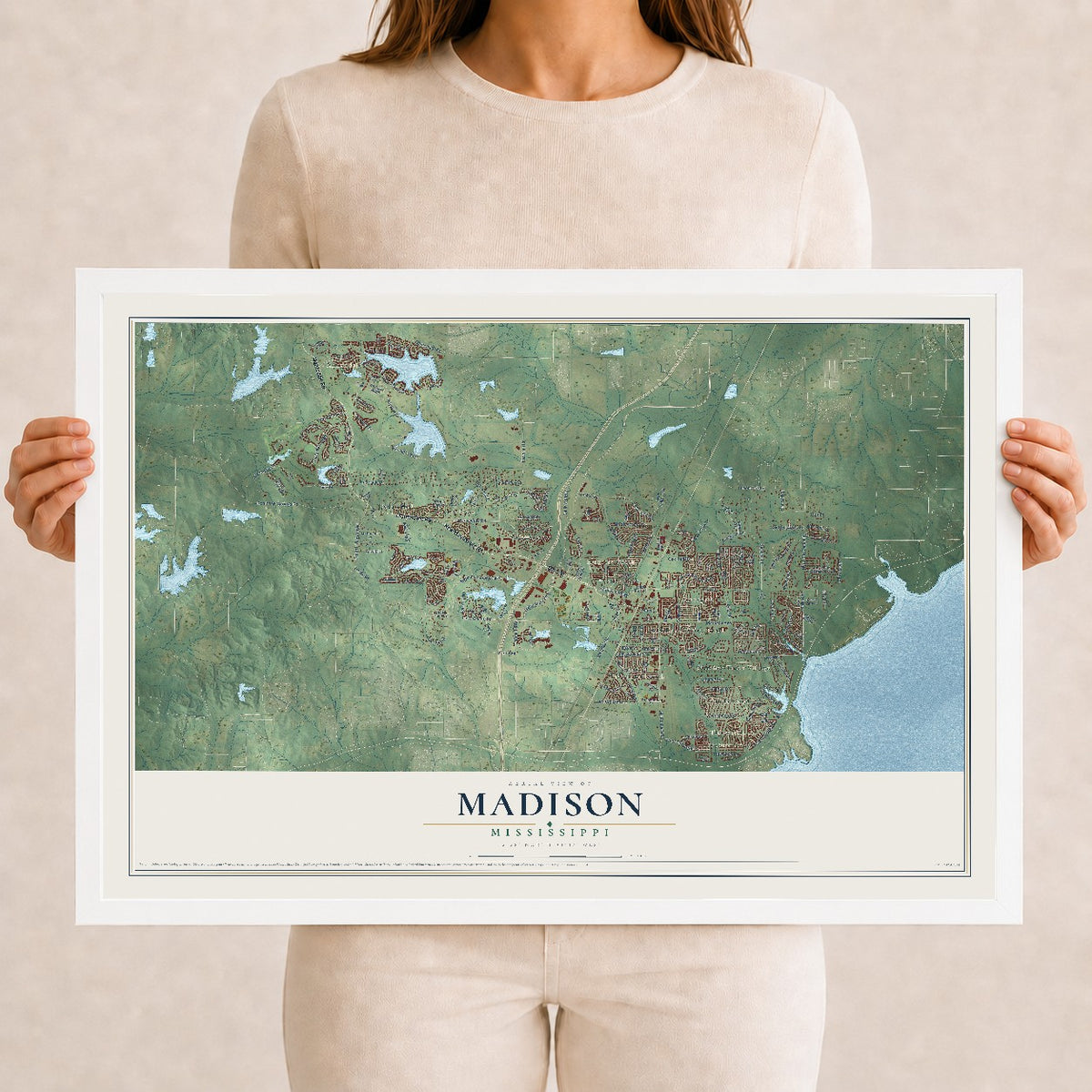 Map of Madison, Mississippi, 12 x 18 inch print in a white wood frame