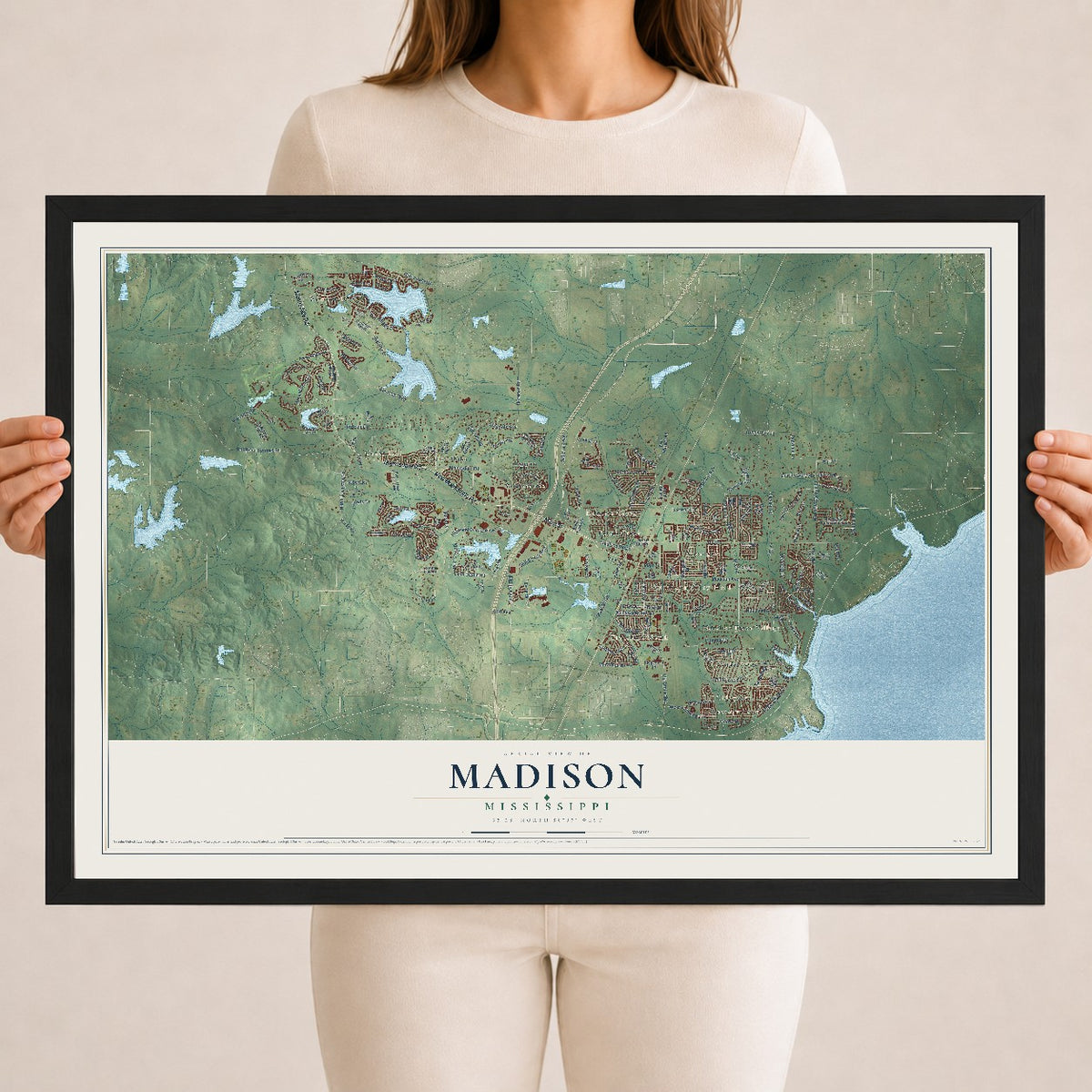 Map of Madison, Mississippi, 18 x 24 inch print in a black wood frame