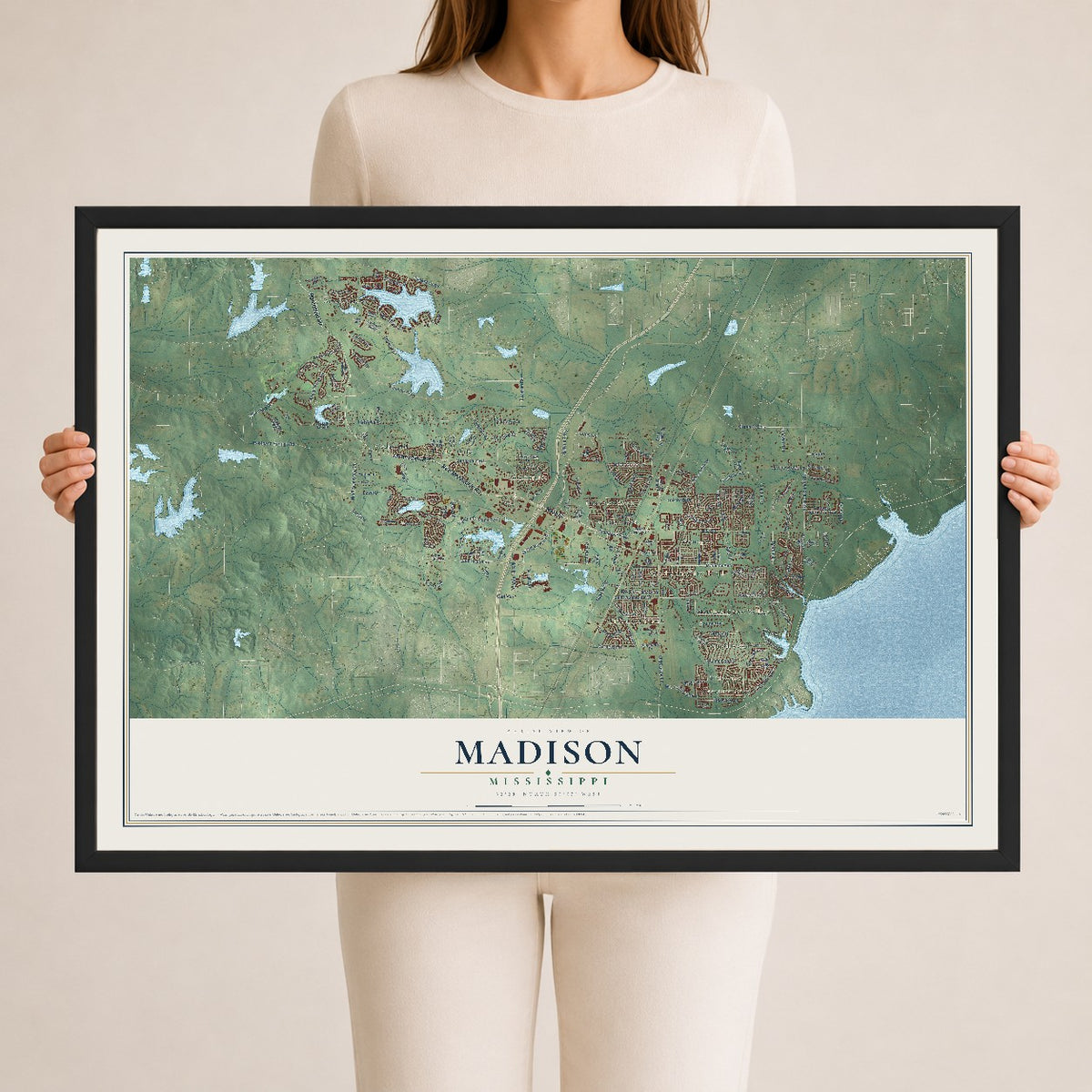 Map of Madison, Mississippi, 24 x 36 inch print in a black wood frame