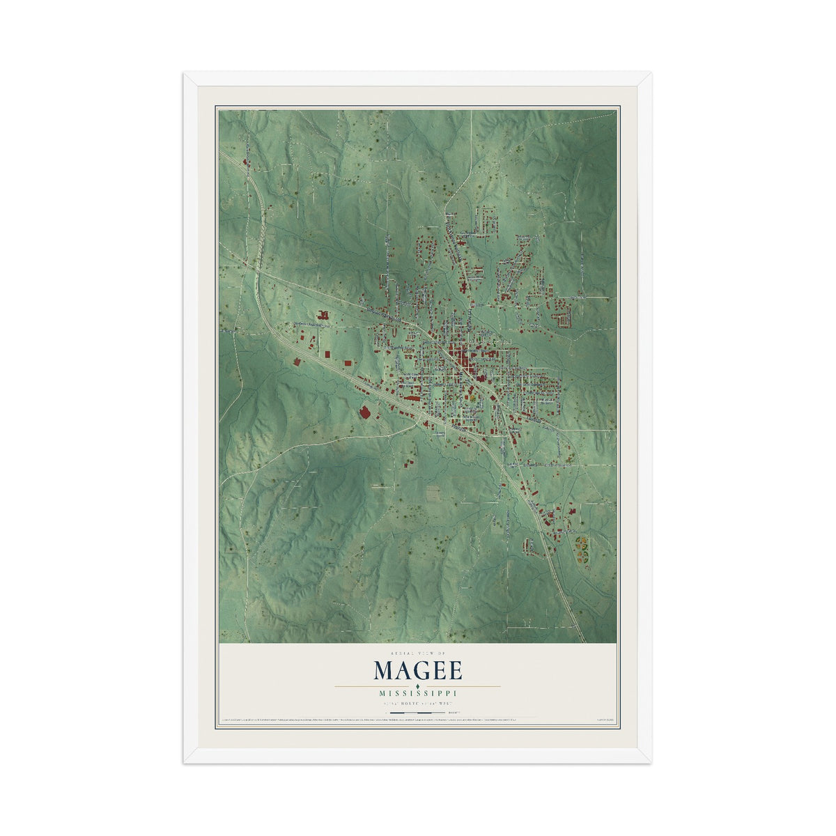 Map of Magee, Mississippi, 12 x 18 inch print in a white wood frame