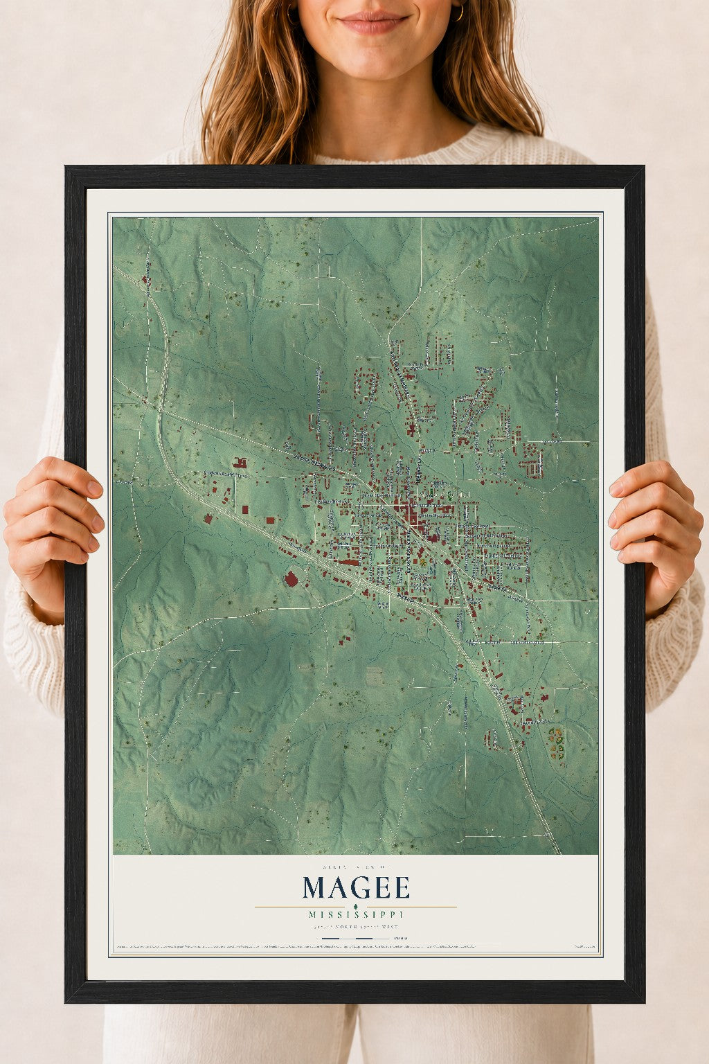 Map of Magee, Mississippi, 18 x 24 inch print in a black wood frame