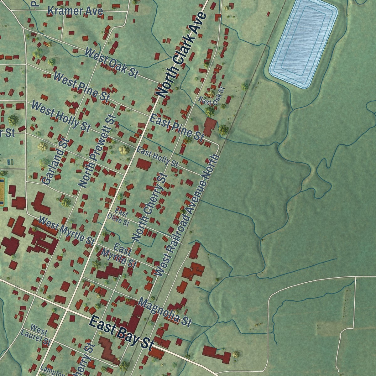 Close-up of the map of Magnolia, Mississippi print showing street and building detail