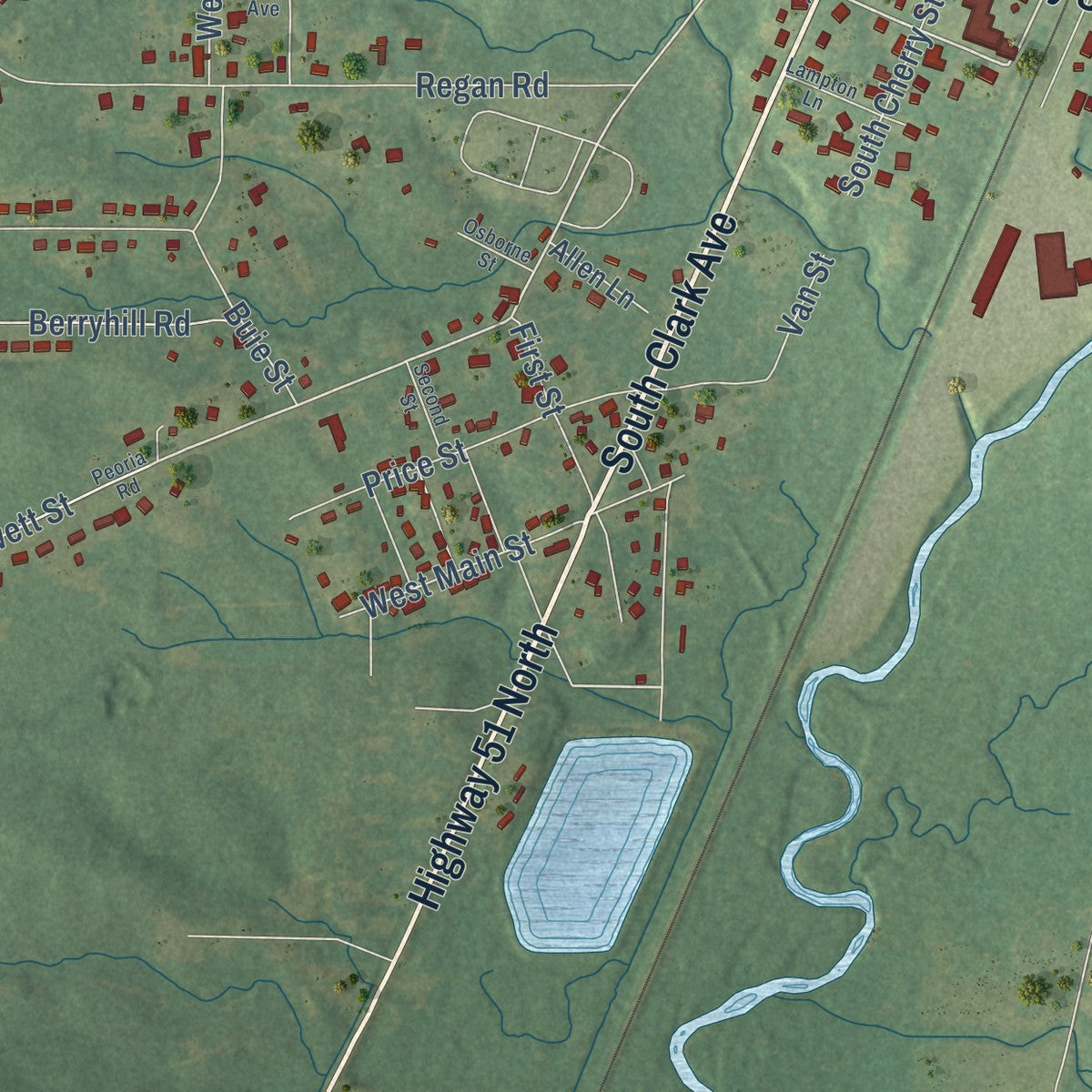 Second close-up of the map of Magnolia, Mississippi print showing more streets and buildings