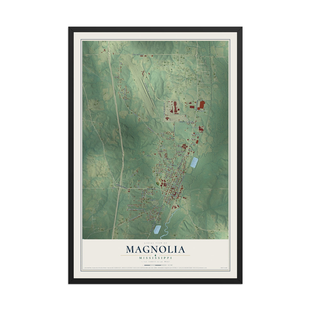 Map of Magnolia, Mississippi, 12 x 18 inch print in a black wood frame