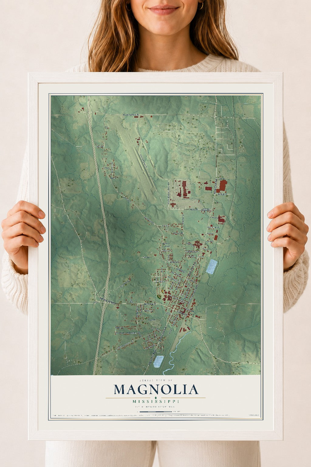 Map of Magnolia, Mississippi, 18 x 24 inch print in a white wood frame