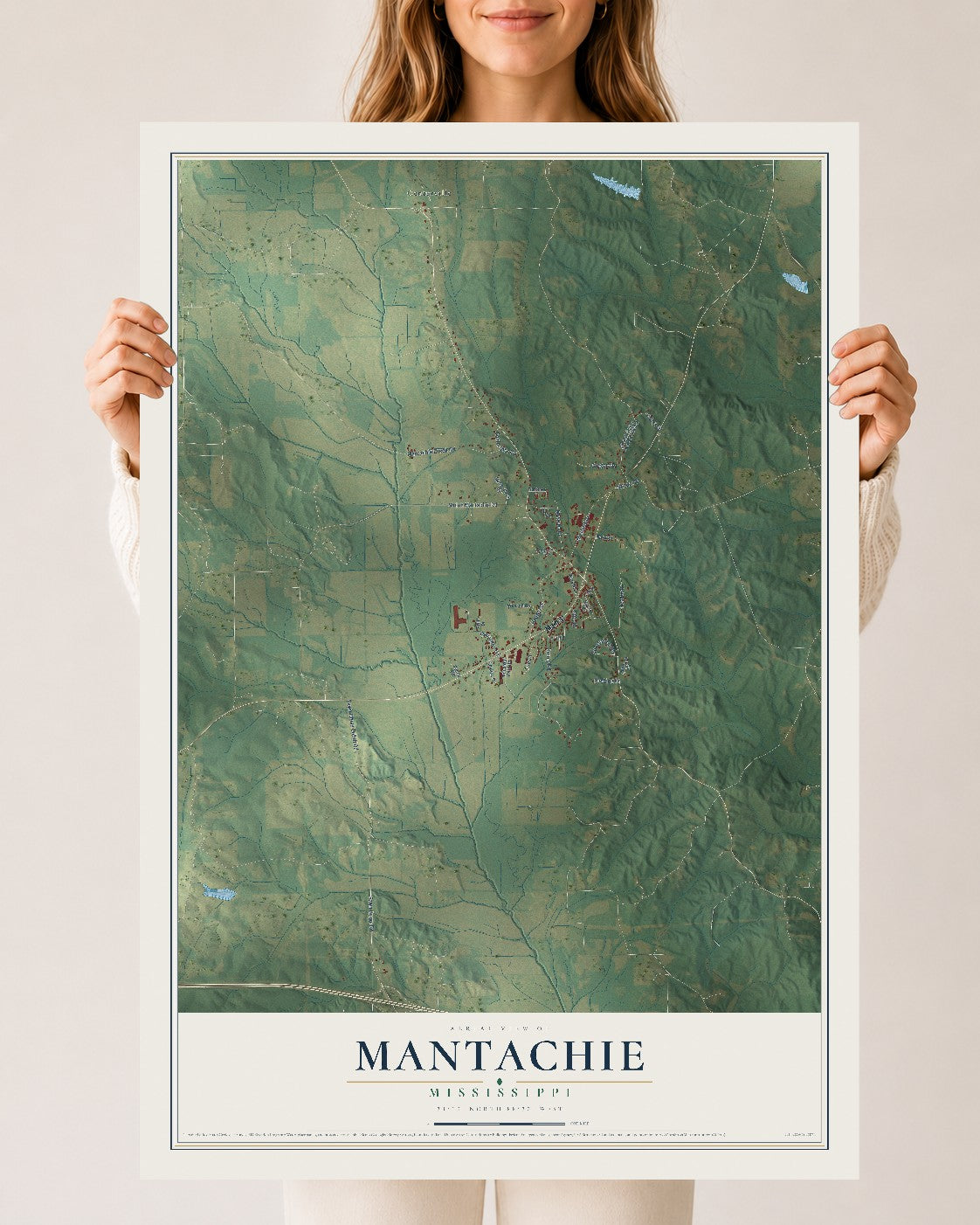 Map of Mantachie, Mississippi, 24 x 36 inch unframed archival matte print