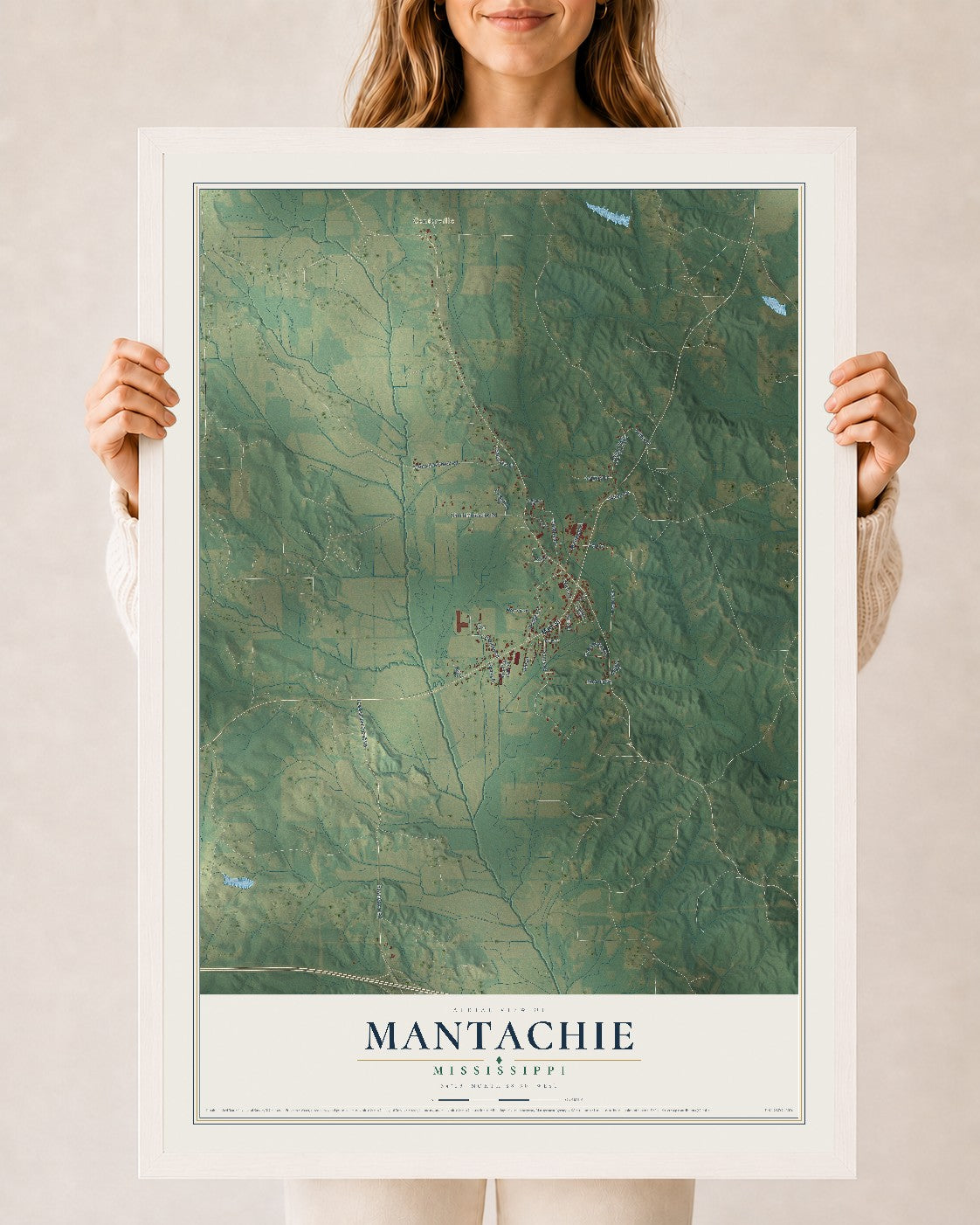 Map of Mantachie, Mississippi, 24 x 36 inch print in a white wood frame