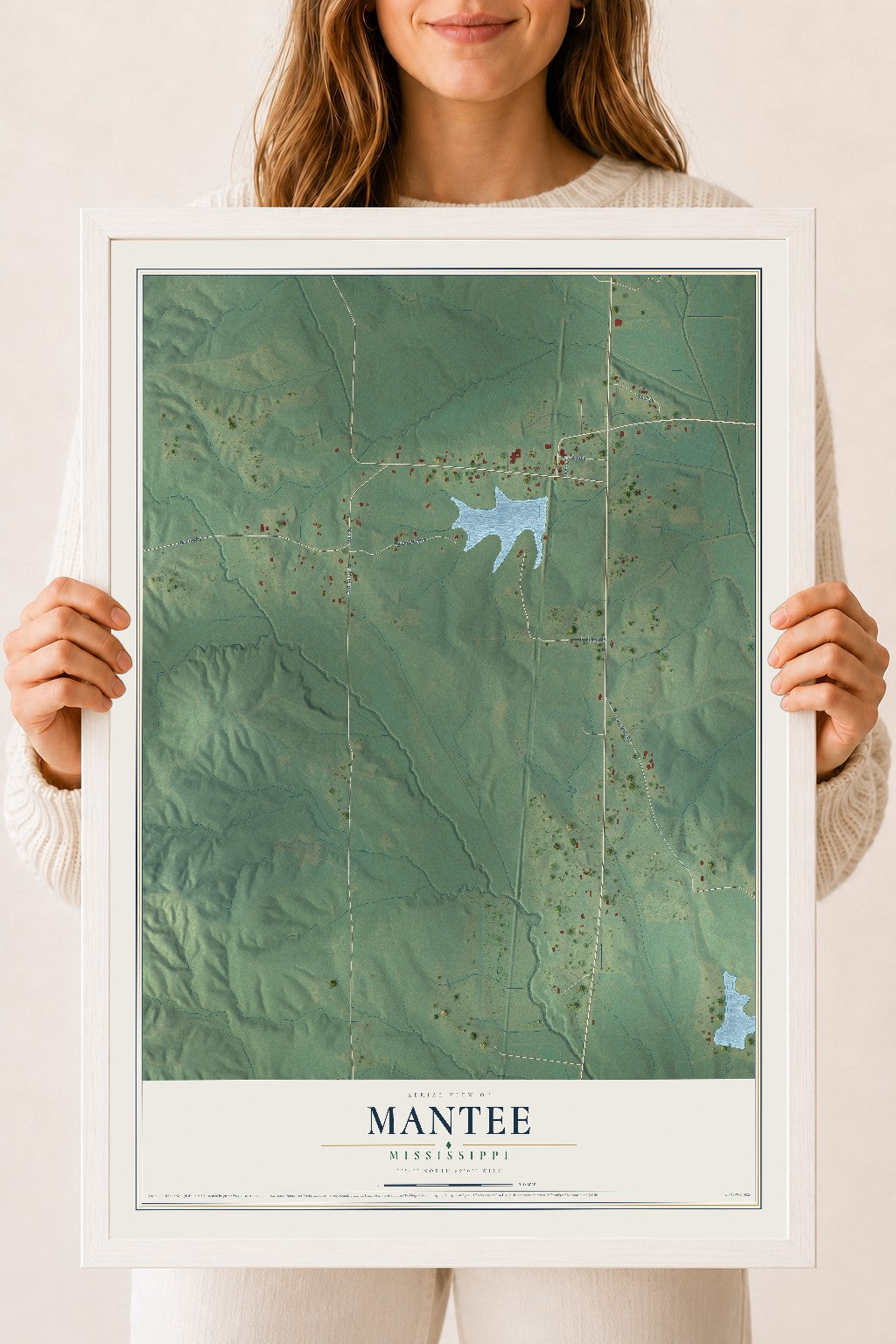 Map of Mantee, Mississippi, 18 x 24 inch print in a white wood frame