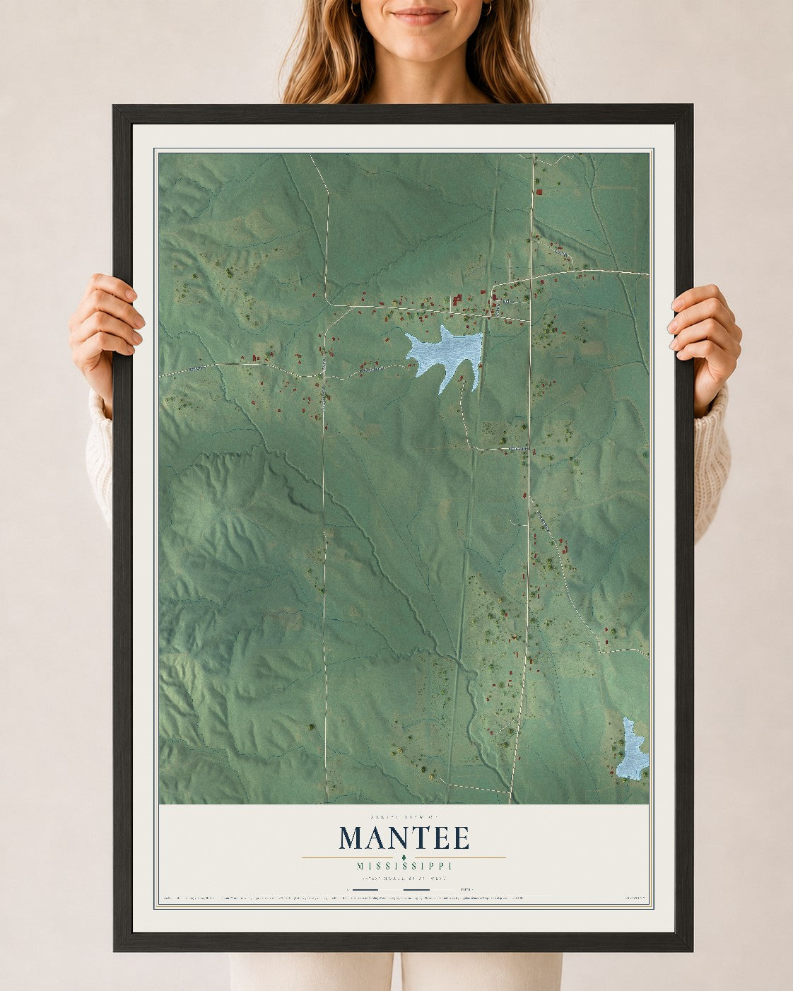 Map of Mantee, Mississippi, 24 x 36 inch print in a black wood frame