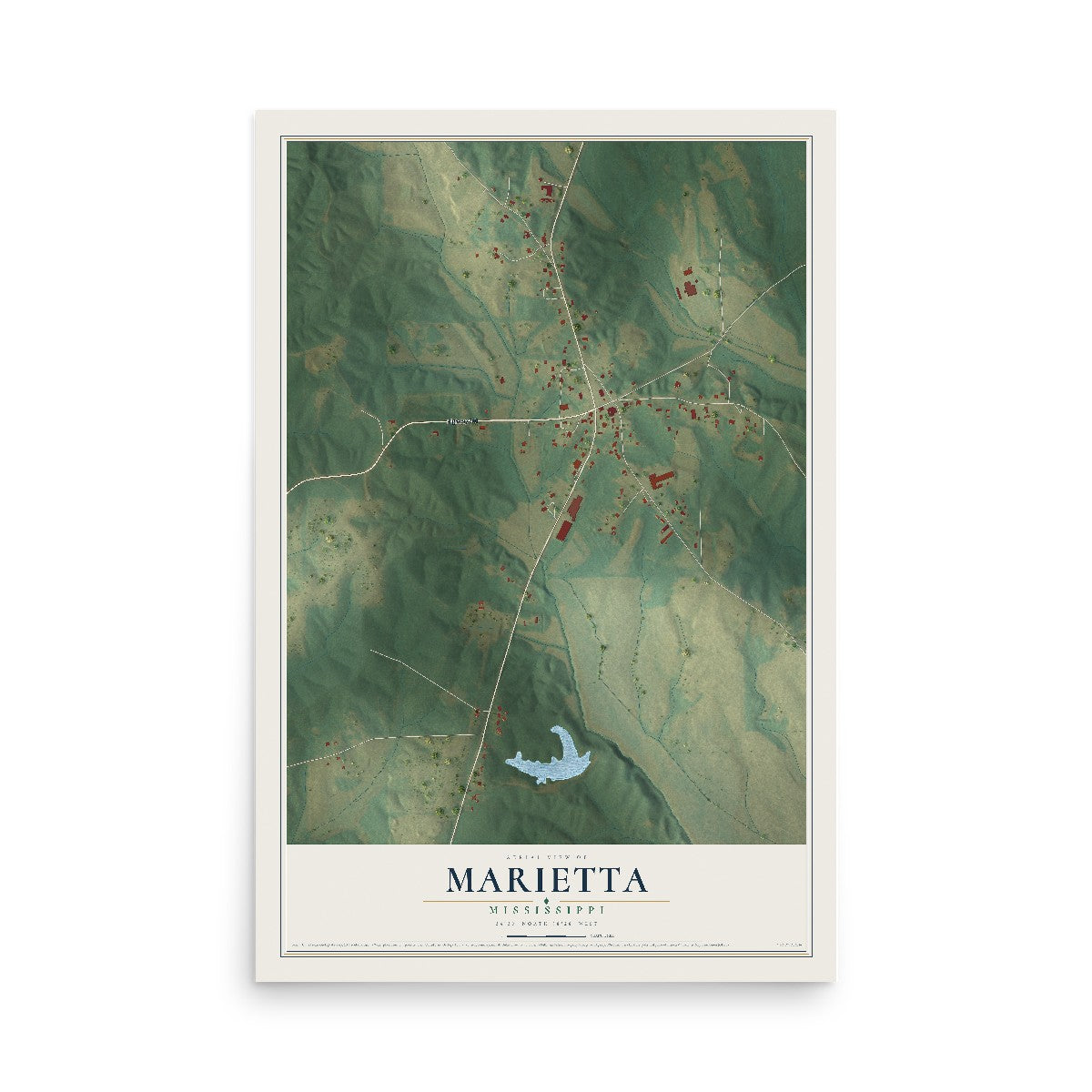 Map of Marietta, Mississippi, 12 x 18 inch unframed archival matte print