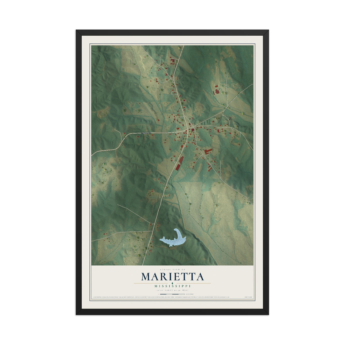 Map of Marietta, Mississippi, 12 x 18 inch print in a black wood frame