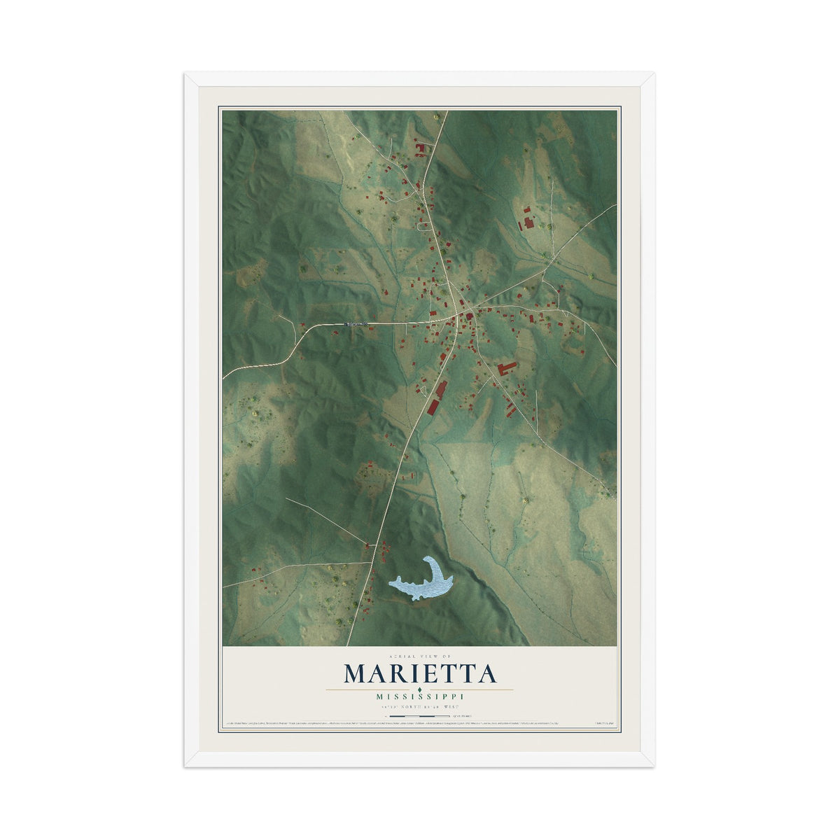 Map of Marietta, Mississippi, 12 x 18 inch print in a white wood frame