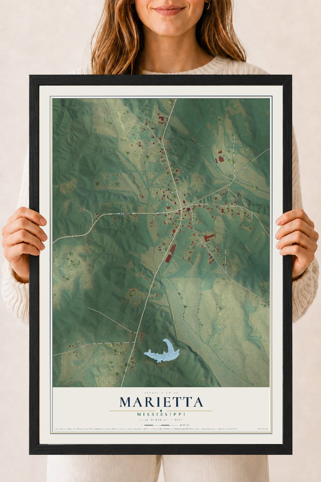 Map of Marietta, Mississippi, 18 x 24 inch print in a black wood frame