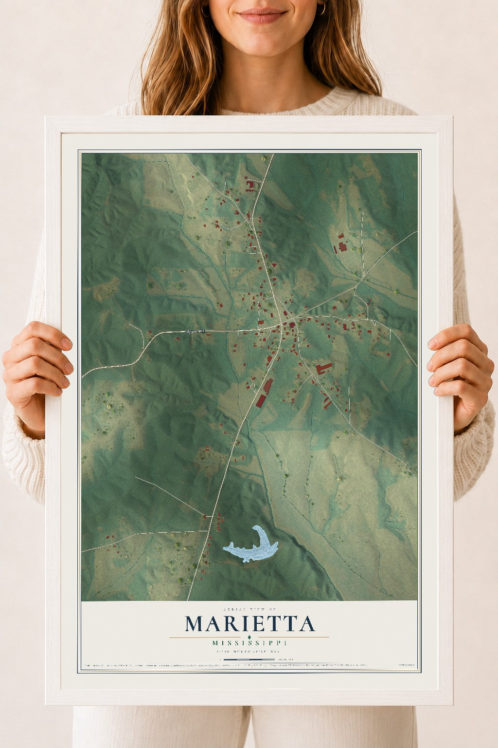 Map of Marietta, Mississippi, 18 x 24 inch print in a white wood frame