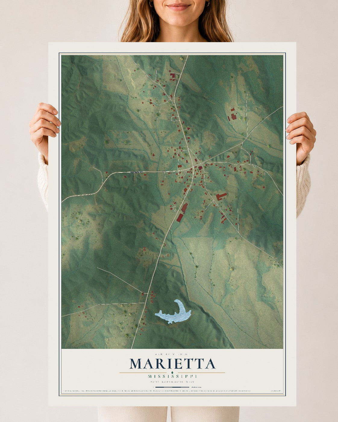 Map of Marietta, Mississippi, 24 x 36 inch unframed archival matte print