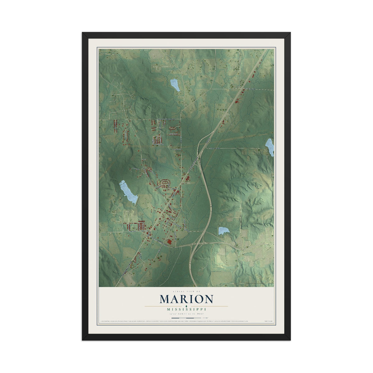 Map of Marion, Mississippi, 12 x 18 inch print in a black wood frame