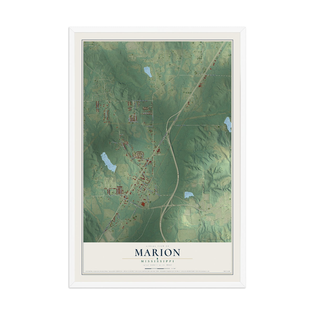 Map of Marion, Mississippi, 12 x 18 inch print in a white wood frame