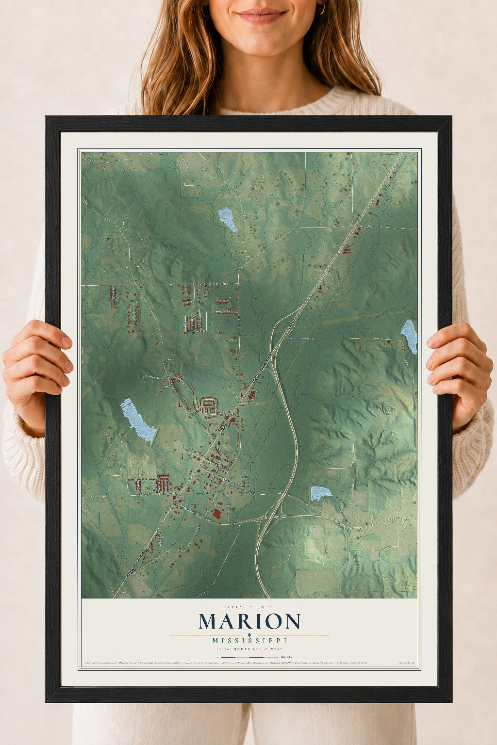 Map of Marion, Mississippi, 18 x 24 inch print in a black wood frame