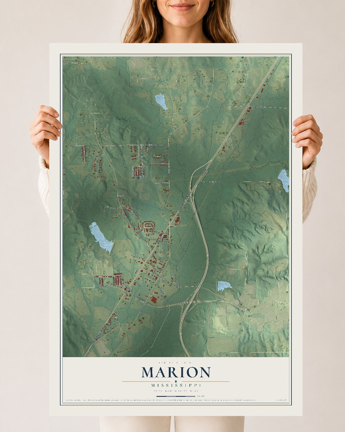 Map of Marion, Mississippi, 24 x 36 inch unframed archival matte print