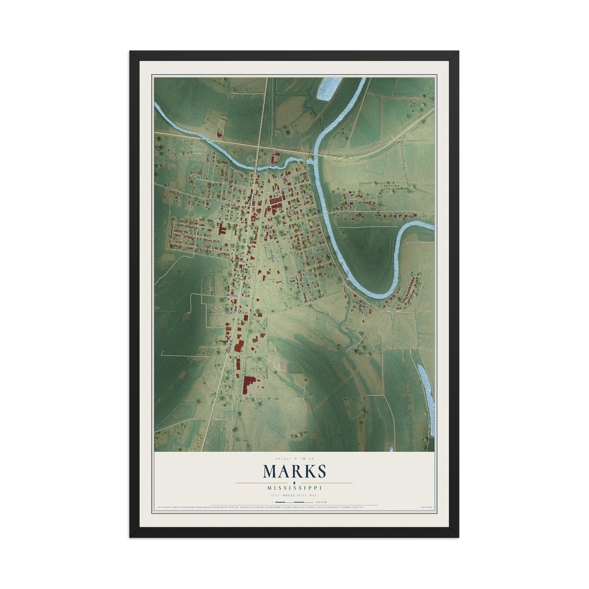 Map of Marks, Mississippi, 12 x 18 inch print in a black wood frame