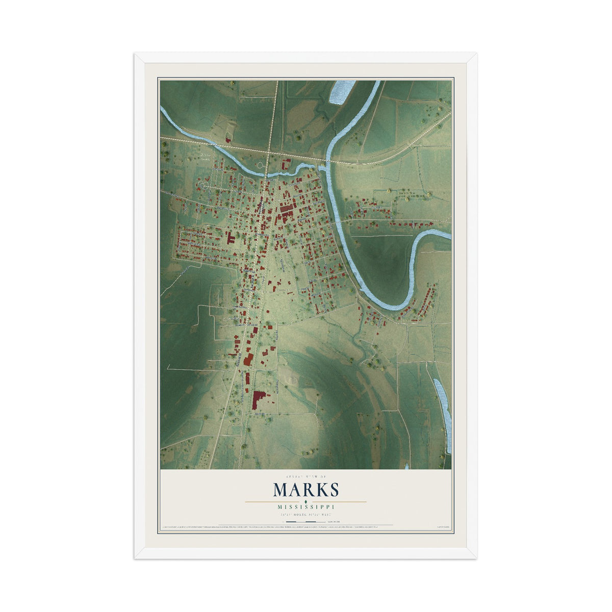 Map of Marks, Mississippi, 12 x 18 inch print in a white wood frame