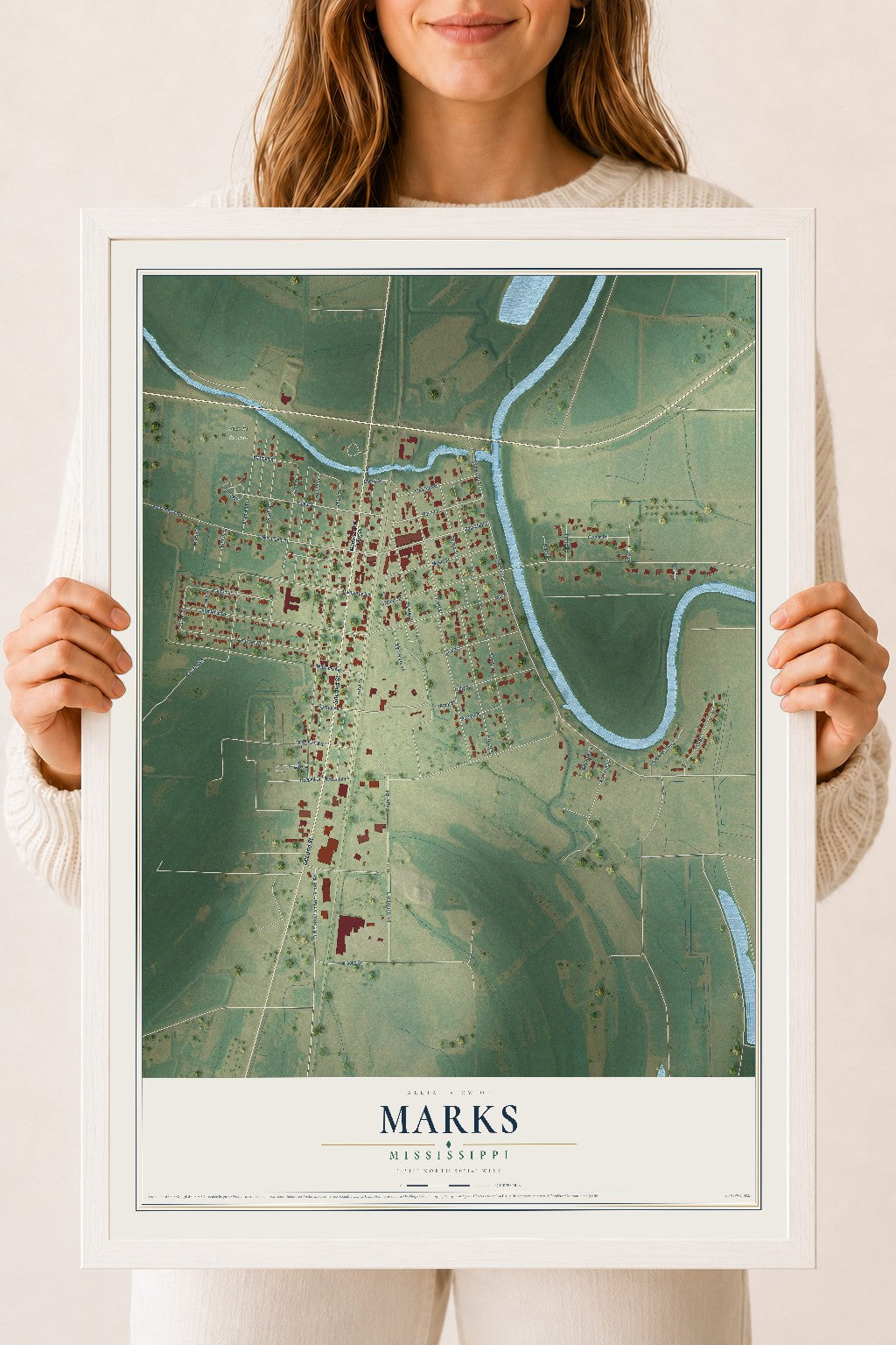Map of Marks, Mississippi, 18 x 24 inch print in a white wood frame