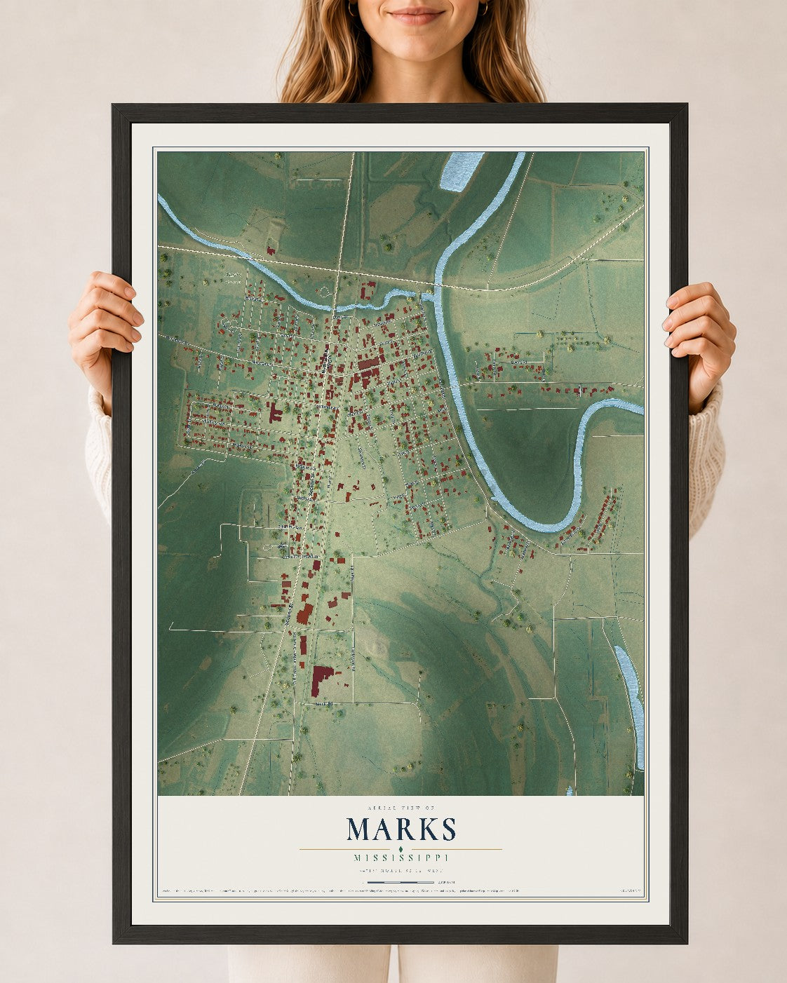 Map of Marks, Mississippi, 24 x 36 inch print in a black wood frame
