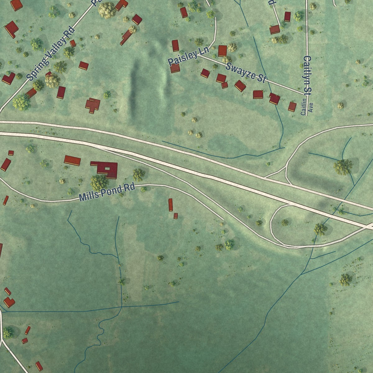 Second close-up of the map of Mathiston, Mississippi print showing more streets and buildings