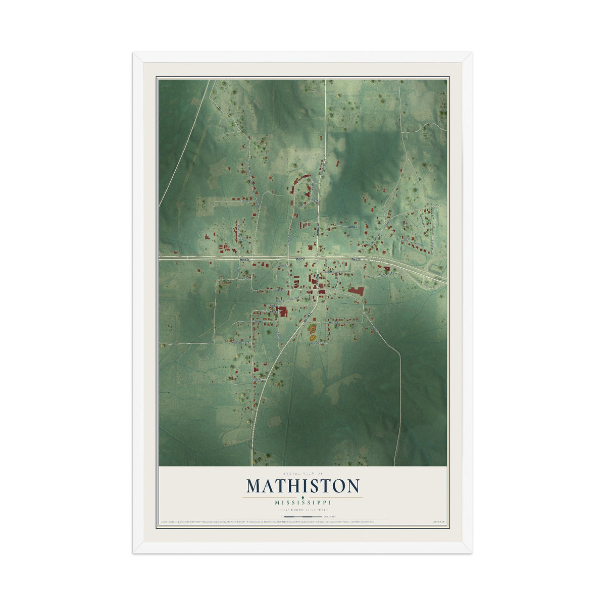 Map of Mathiston, Mississippi, 12 x 18 inch print in a white wood frame
