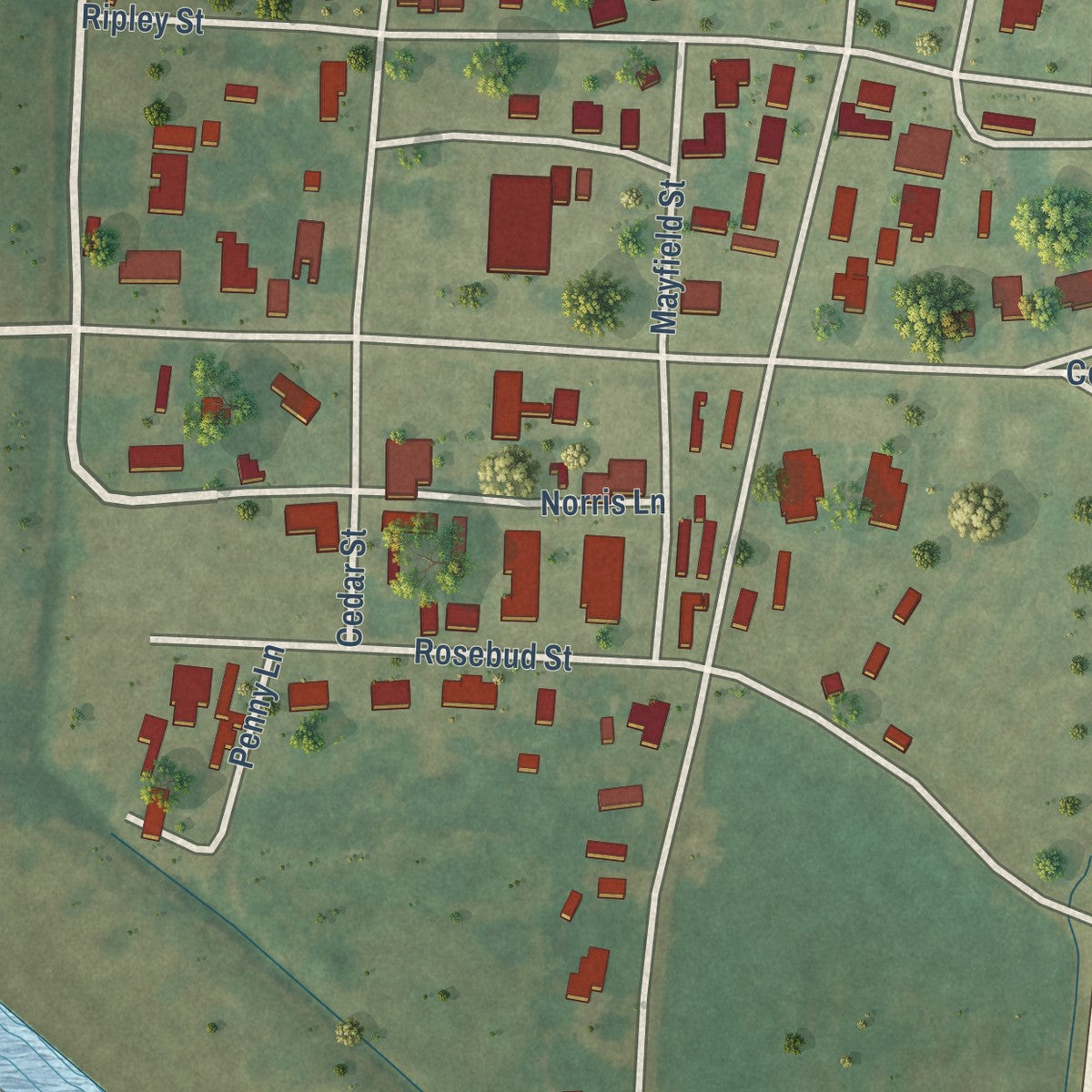 Close-up of the map of Mayersville, Mississippi print showing street and building detail