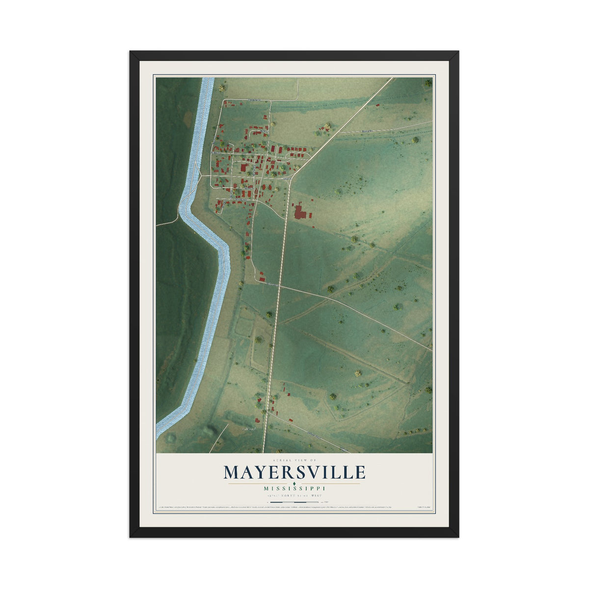Map of Mayersville, Mississippi, 12 x 18 inch print in a black wood frame