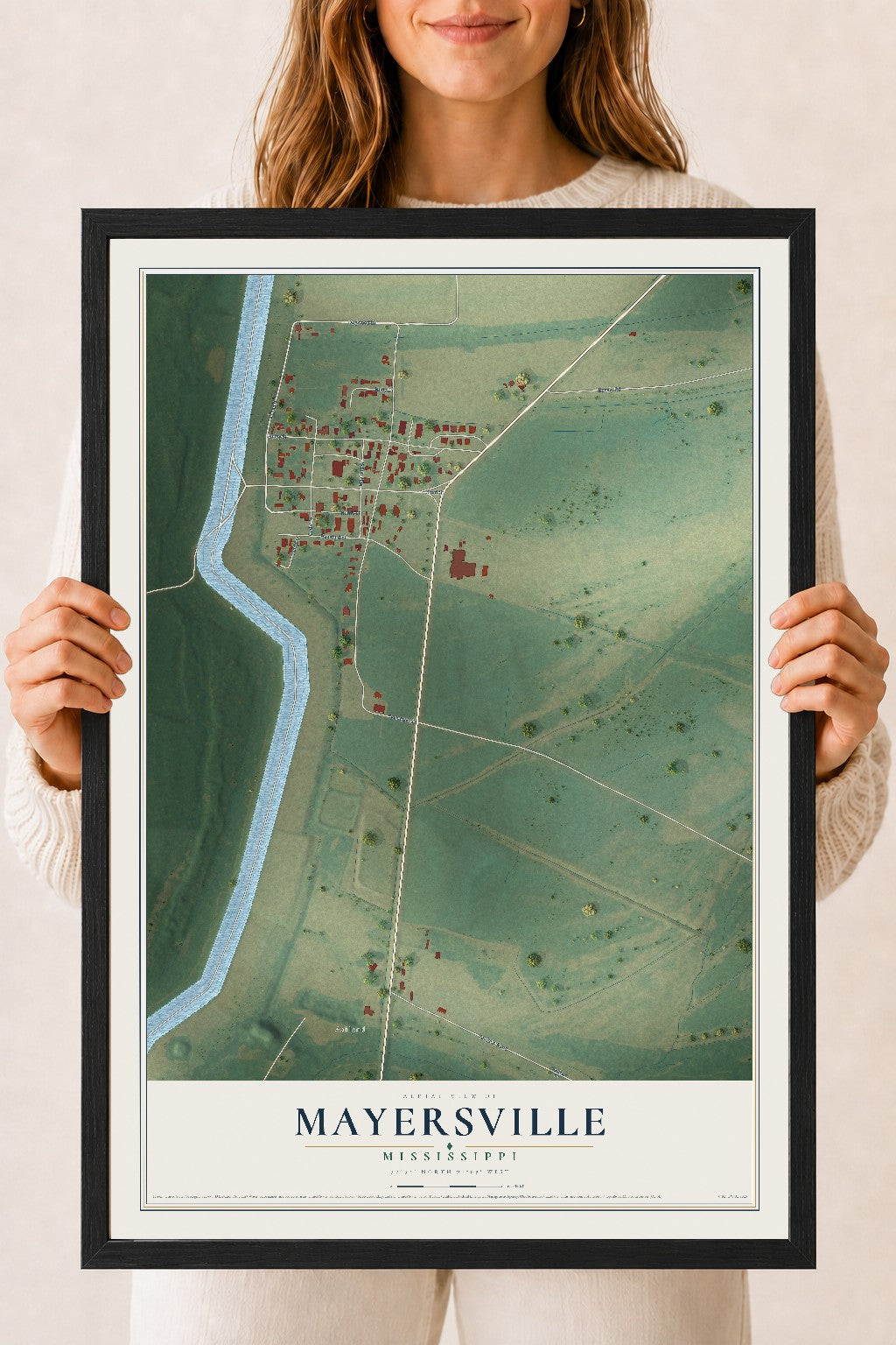 Map of Mayersville, Mississippi, 18 x 24 inch print in a black wood frame