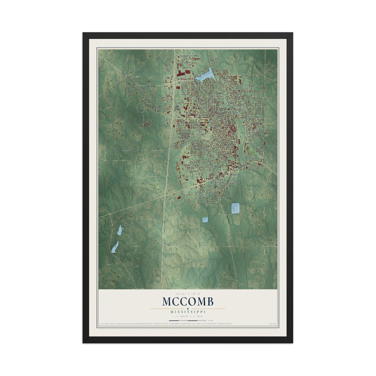 Map of McComb, Mississippi, 12 x 18 inch print in a black wood frame